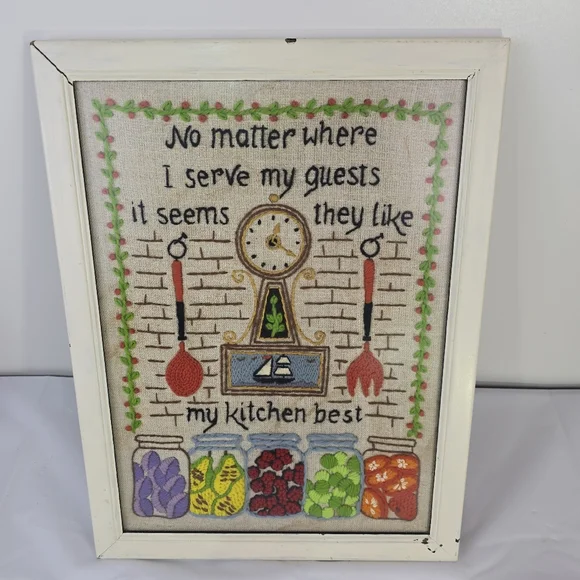 Vintage Framed Crewel Wall Art Kitchen Retro Cottage Farmhouse - Picture 9 of 10